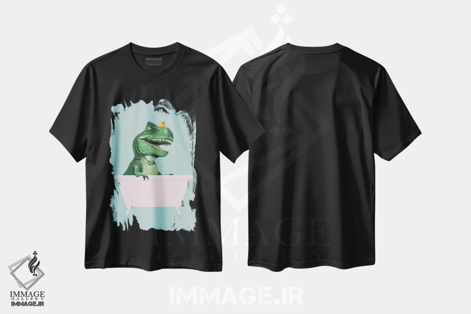 تیشرت مشکی طرح دار تی رکس بازیگوش در وان حمام به رنگ سبز، هنر دیجیتال اثر بگ نوز ورک | فروشگاه ایماژ