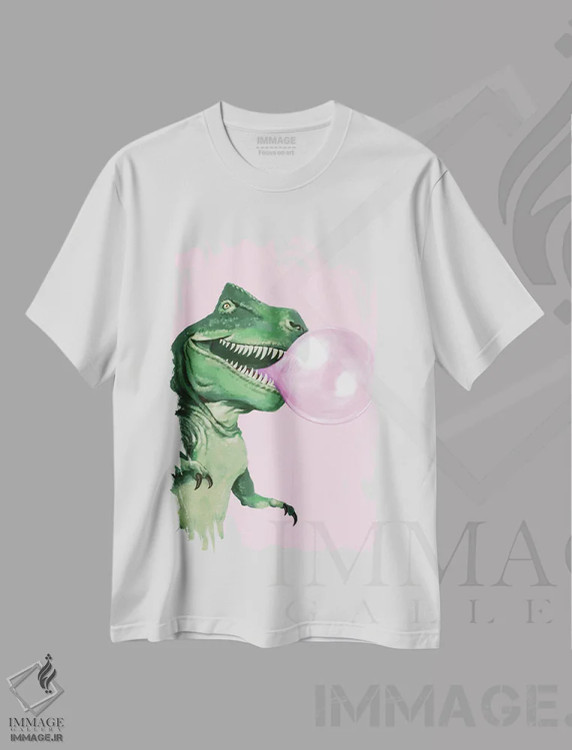 تیشرت سفید طرح دار تی رکس با آدامس بادکنکی، هنر دیجیتال اثر بگ نوز ورک | immage.ir