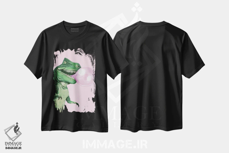 تیشرت مشکی طرح دار تی رکس با آدامس بادکنکی، هنر دیجیتال اثر بگ نوز ورک | فروشگاه ایماژ