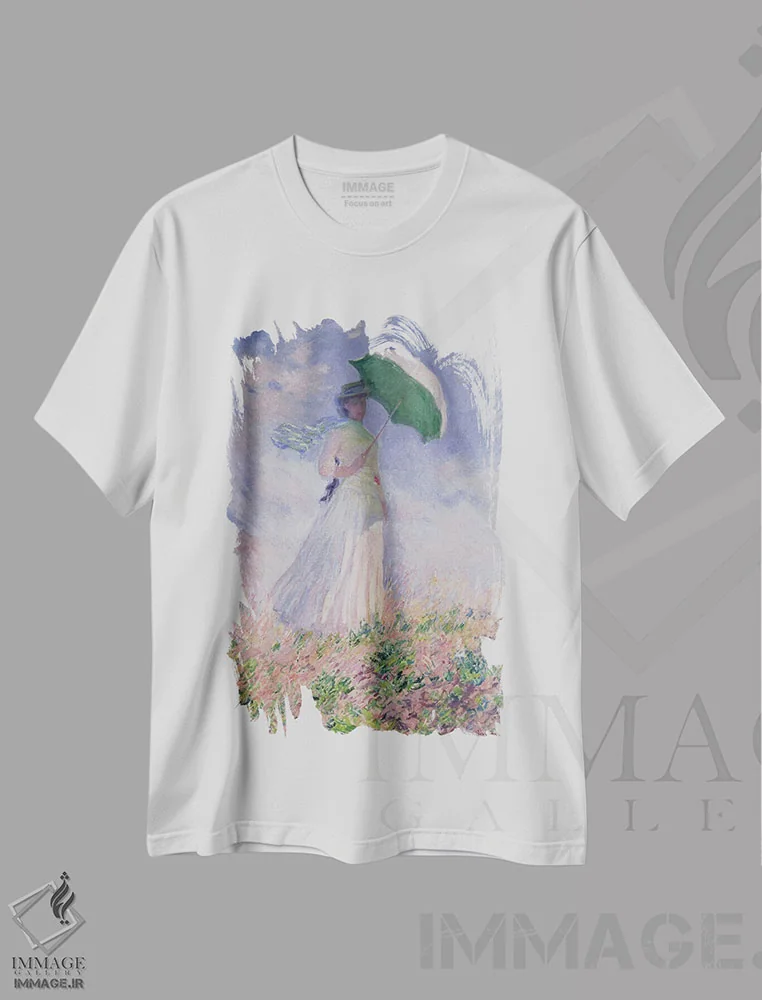 تیشرت سفید طرح دار 1886,زن با چتر به سمت راست، ۱۸۸۶، هنر فاخر کلاسیک اثر کلود مونه | فروشگاه ایماژ