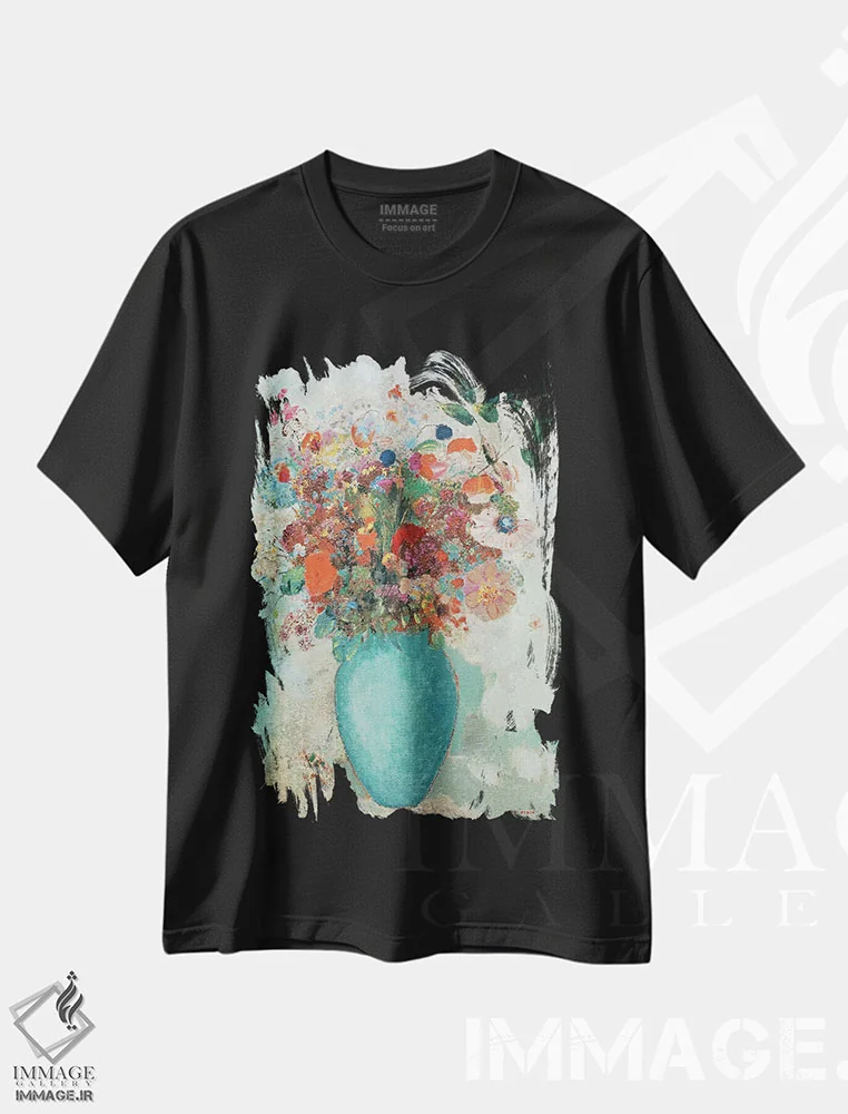 تیشرت مشکی طرح دار c.1912,گل ها در گلدان فیروزه ای، حدود ۱۹۱۲، هنر فاخر کلاسیک اثر اودیلو ردون | immage.ir