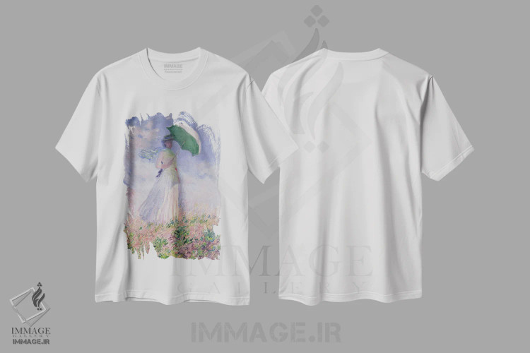 تیشرت سفید طرح دار 1886,زن با چتر به سمت راست، ۱۸۸۶، هنر فاخر کلاسیک اثر کلود مونه | فروشگاه ایماژ