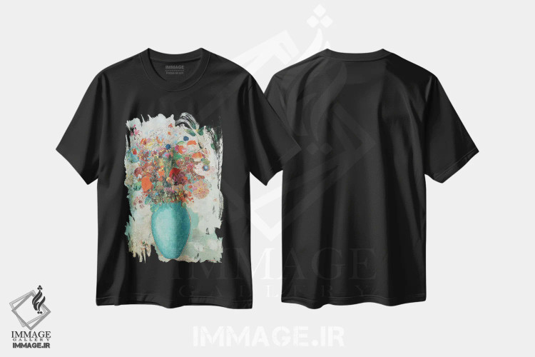 تیشرت مشکی طرح دار c.1912,گل ها در گلدان فیروزه ای، حدود ۱۹۱۲، هنر فاخر کلاسیک اثر اودیلو ردون | immage.ir