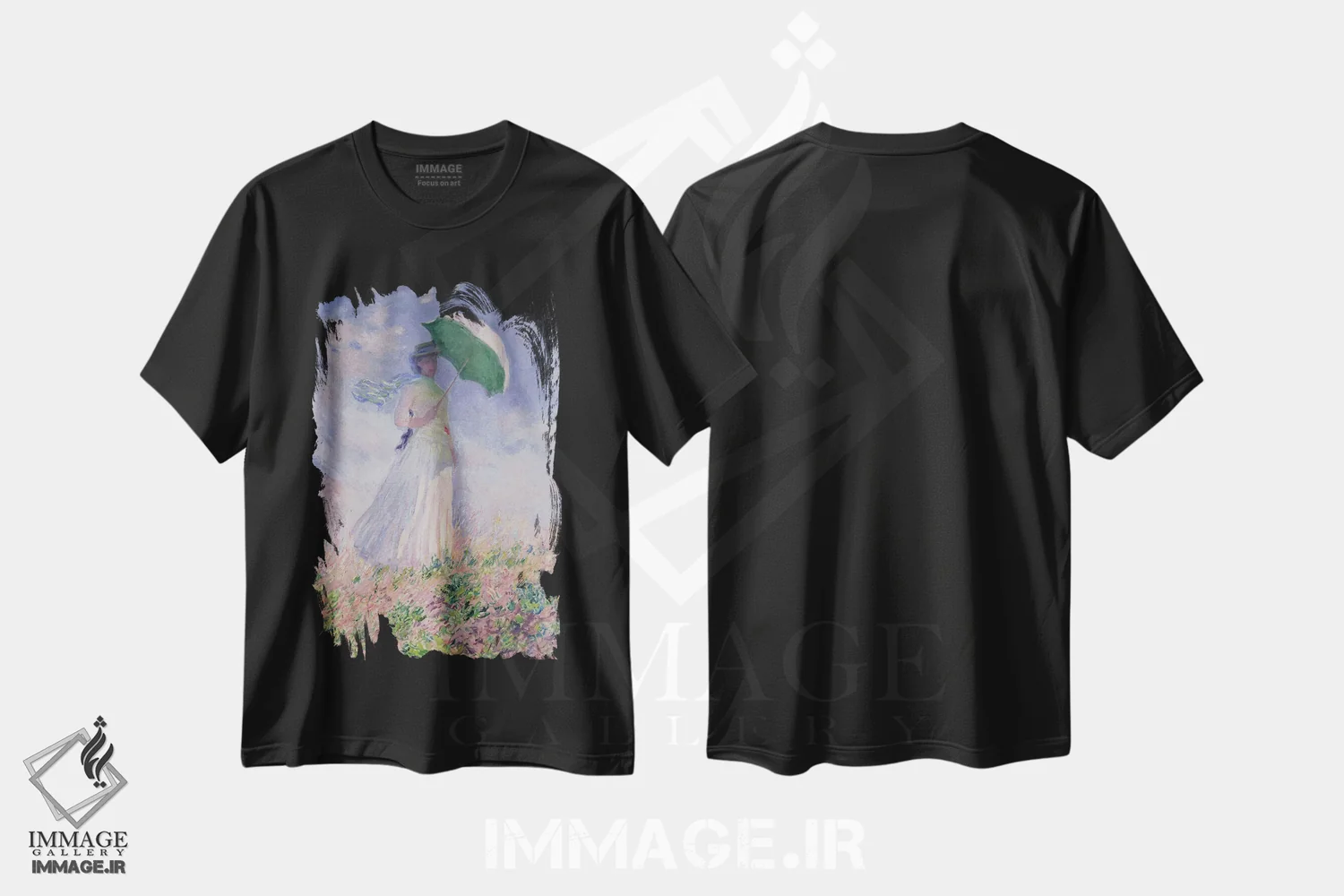 تیشرت مشکی طرح دار 1886,زن با چتر به سمت راست، ۱۸۸۶، هنر فاخر کلاسیک اثر کلود مونه | immage.ir