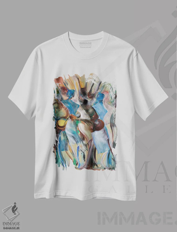 تیشرت سفید طرح دار افراشتن بهشت، آبستره اثر آیکال بکفورد | فروشگاه ایماژ