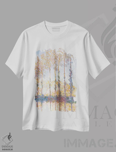 تیشرت سفید طرح دار 1891,صنوبرها بر کرانه رود اپته، ۱۸۹۱، هنر فاخر کلاسیک اثر کلود مونه | فروشگاه ایماژ