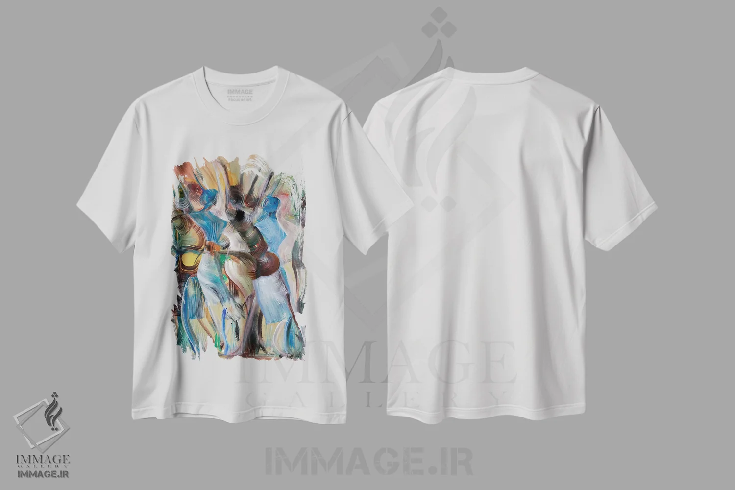 تیشرت سفید طرح دار افراشتن بهشت، آبستره اثر آیکال بکفورد | فروشگاه ایماژ