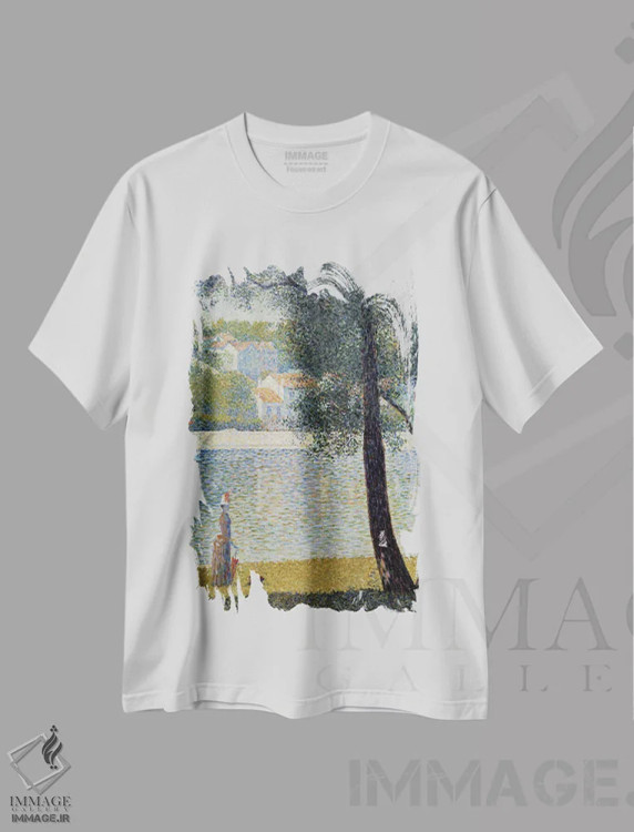 تیشرت سفید طرح دار 1885,رود سن در کوربوا، ۱۸۸۵، هنر فاخر کلاسیک اثر ژرژ سورا | فروشگاه ایماژ