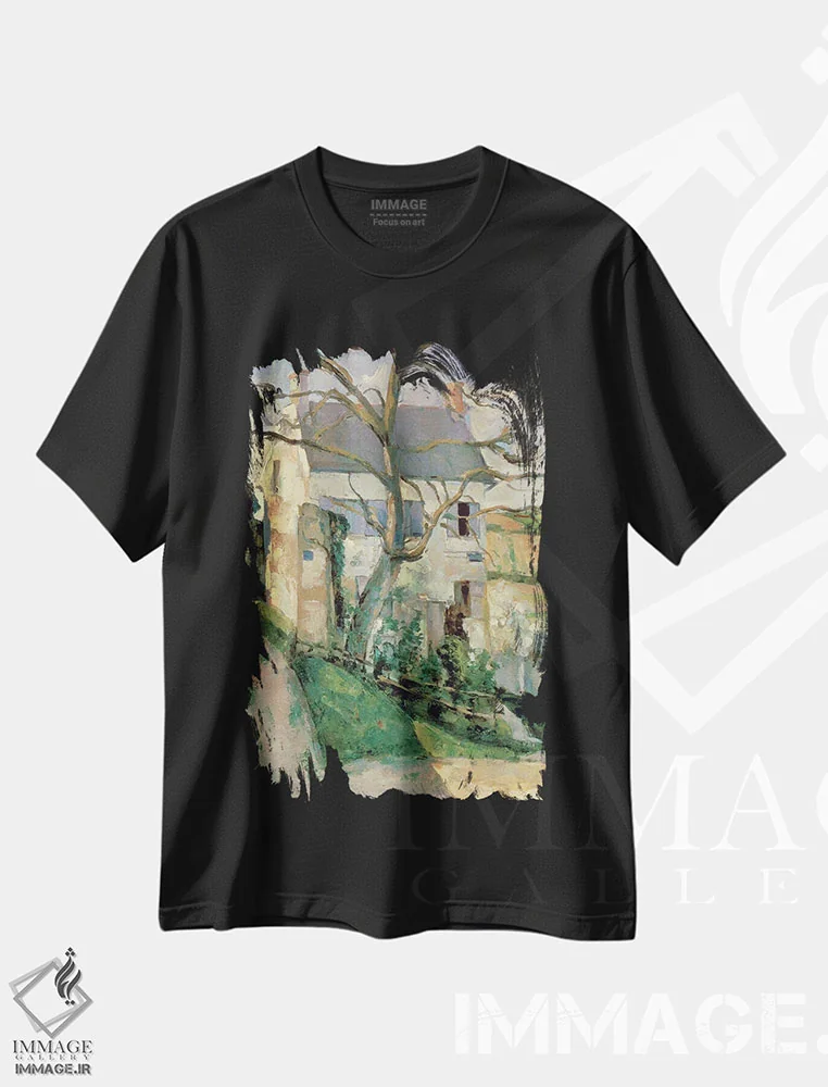 تیشرت مشکی طرح دار c.1873-74,خانه و درخت، حدود ۱۸۷۳-۷۴، هنر فاخر کلاسیک اثر پل سزان | فروشگاه ایماژ