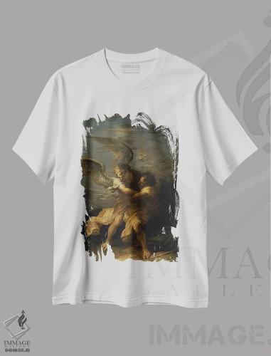 تیشرت سفید طرح دار کشتی گرفتن یعقوب با فرشته، هنر فاخر کلاسیک اثر سالواتوره روزا | فروشگاه ایماژ