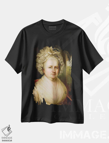 تیشرت مشکی طرح دار پرتره مارتا واشنگتن، هنر فاخر کلاسیک اثر رمبراند پرتقال | فروشگاه ایماژ