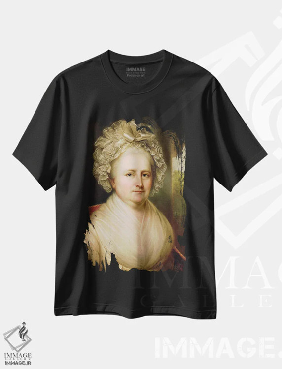 تیشرت مشکی طرح دار پرتره مارتا واشنگتن، هنر فاخر کلاسیک اثر رمبراند پرتقال | فروشگاه ایماژ