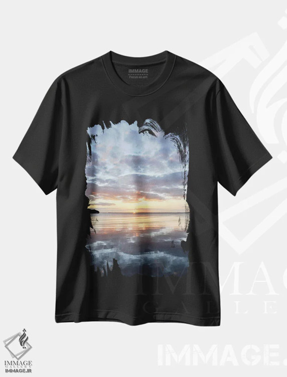 تیشرت مشکی طرح دار غروب دریاچه یوستیس، تزئینی اثر بروس ناوراکه | فروشگاه ایماژ