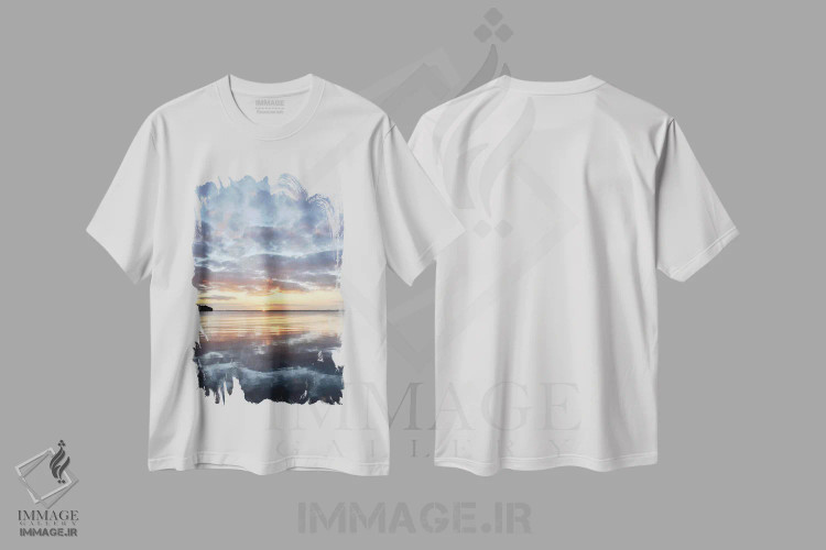 تیشرت سفید طرح دار غروب دریاچه یوستیس، تزئینی اثر بروس ناوراکه | immage.ir