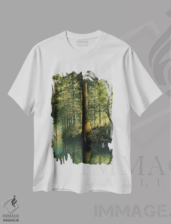 تیشرت سفید طرح دار رودخانه آرام، دکور کلبه و لژ اثر بروس ناوراکه | immage.ir