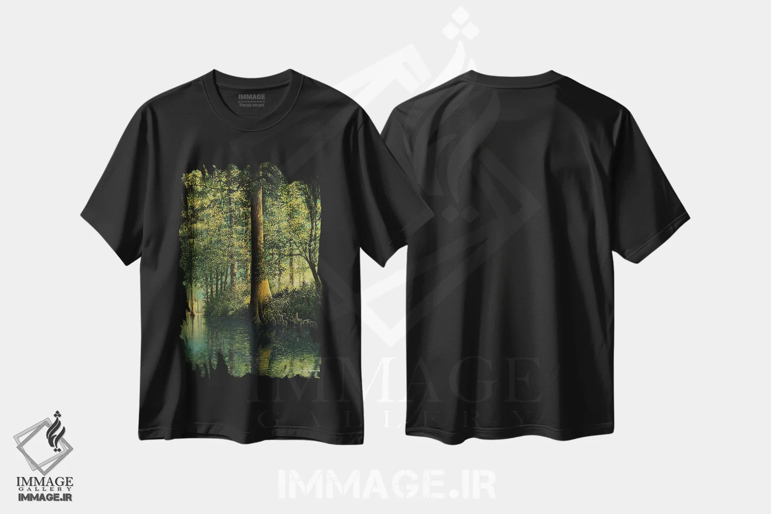 تیشرت مشکی طرح دار رودخانه آرام، دکور کلبه و لژ اثر بروس ناوراکه | فروشگاه ایماژ