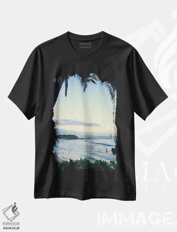 تیشرت مشکی طرح دار زیر نخل، دکور ساحلی اثر بروس ناوراکه | فروشگاه ایماژ