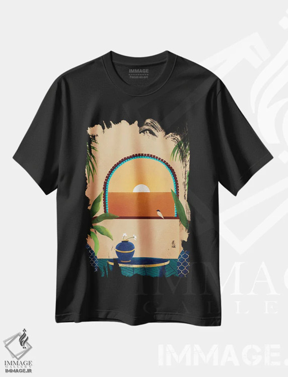 تیشرت مشکی طرح دار بالکنی در غروب، تزئینی اثر بریا نیکول | immage.ir