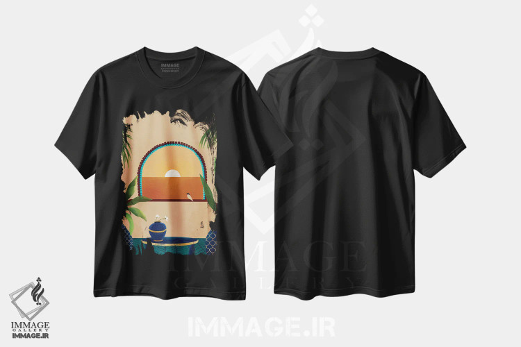 تیشرت مشکی طرح دار بالکنی در غروب، تزئینی اثر بریا نیکول | immage.ir