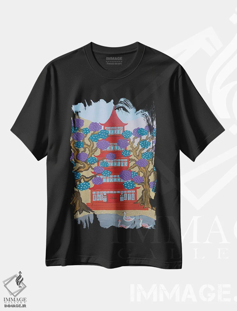 تیشرت مشکی طرح دار پاگودای قرمز کنار دریاچه، دکور آسیایی اثر بریت بردال نیلسن | فروشگاه ایماژ