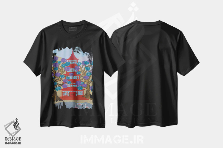تیشرت مشکی طرح دار پاگودای قرمز کنار دریاچه، دکور آسیایی اثر بریت بردال نیلسن | فروشگاه ایماژ