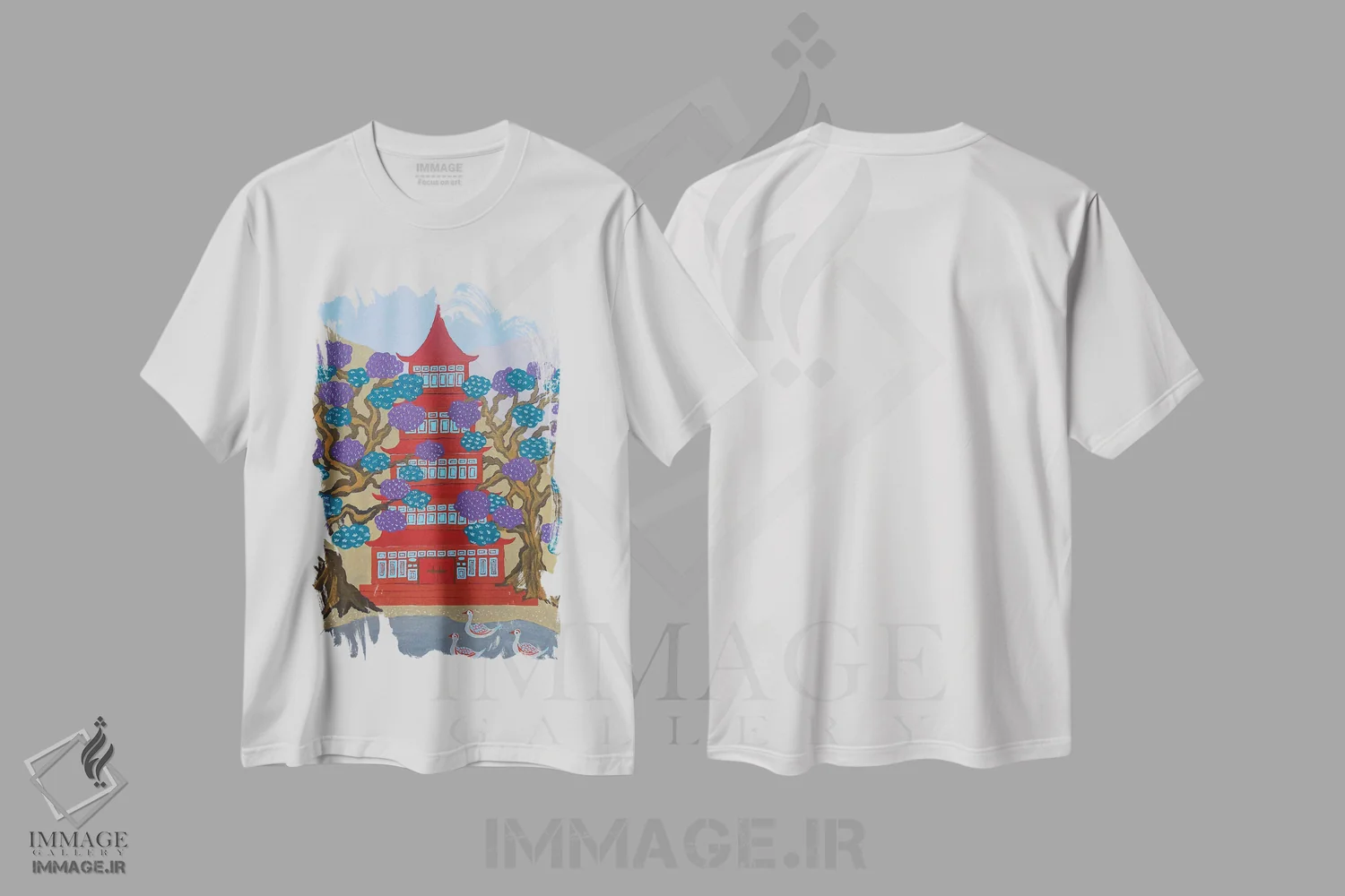 تیشرت سفید طرح دار پاگودای قرمز کنار دریاچه، دکور آسیایی اثر بریت بردال نیلسن | immage.ir
