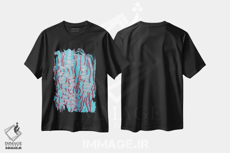 تیشرت مشکی طرح دار مرجان های قرمز با گل های طلایی، دکور آسیایی اثر بریت بردال نیلسن | فروشگاه ایماژ