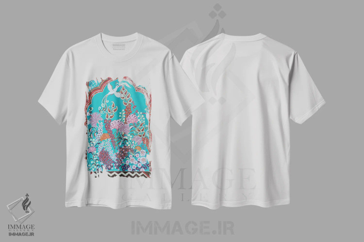 تیشرت سفید طرح دار باغ بهشتی هندی در تابستان، دکور آسیایی اثر بریت بردال نیلسن | فروشگاه ایماژ