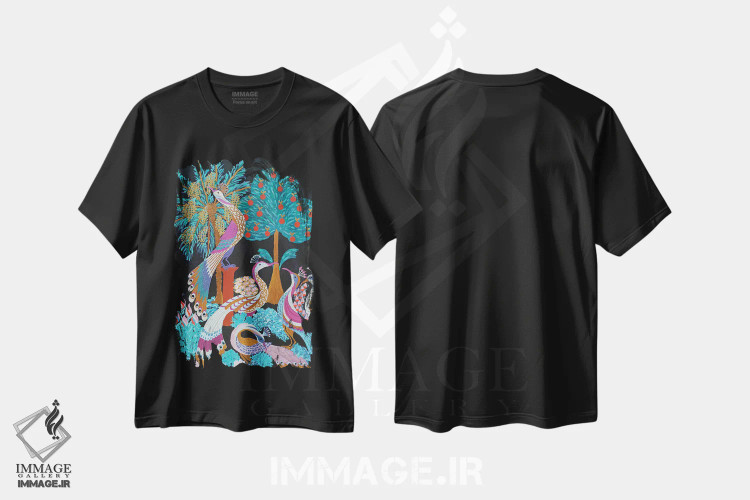 تیشرت مشکی طرح دار باغ بهشتی در شب، تزئینی اثر بریت بردال نیلسن | فروشگاه ایماژ