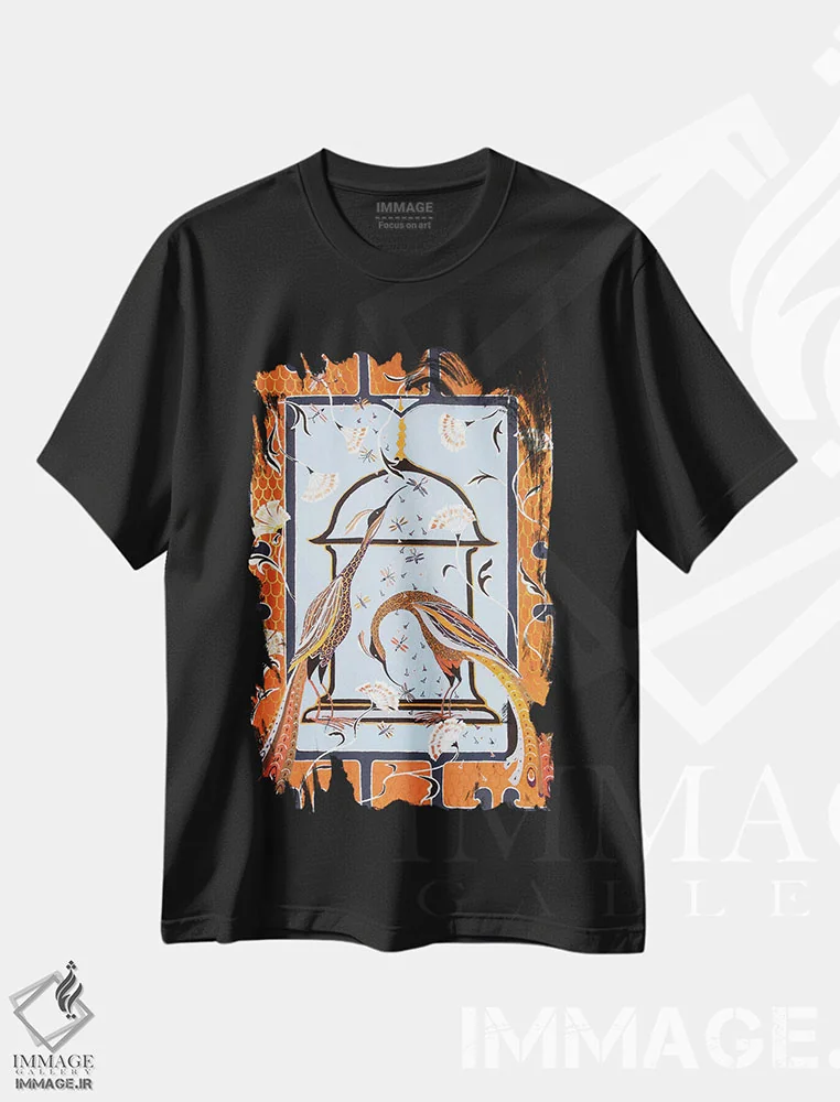 تیشرت مشکی طرح دار پرندگان بهشتی، دکور آسیایی اثر بریت بردال نیلسن | فروشگاه ایماژ
