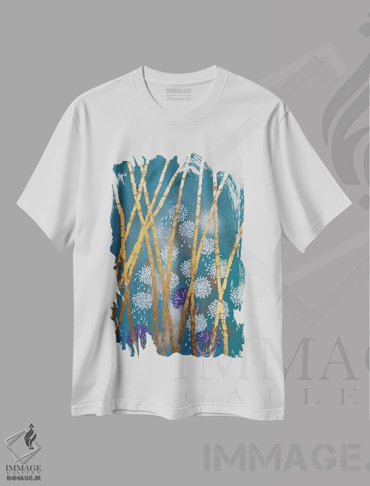 تیشرت سفید طرح دار بامبو طلایی، هنر فاخر معاصر اثر بریت بردال نیلسن | immage.ir