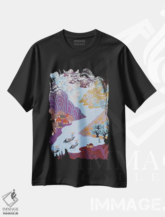 تیشرت مشکی طرح دار بهار کنار رودخانه پیچان، دکور آسیایی اثر بریت بردال نیلسن | فروشگاه ایماژ