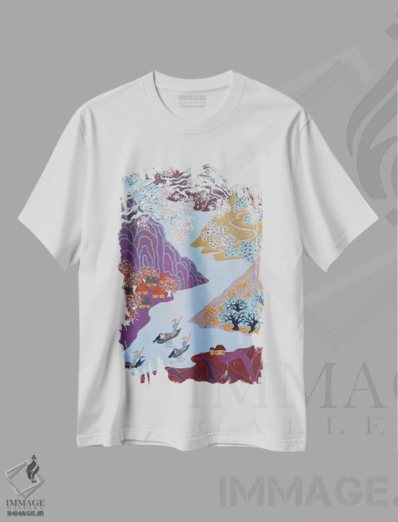 تیشرت سفید طرح دار بهار کنار رودخانه پیچان، دکور آسیایی اثر بریت بردال نیلسن | immage.ir