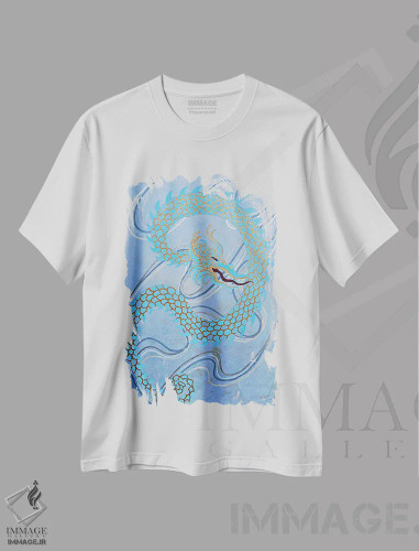 تیشرت سفید طرح دار اژدهای آبی، دکور آسیایی اثر بریت بردال نیلسن | فروشگاه ایماژ