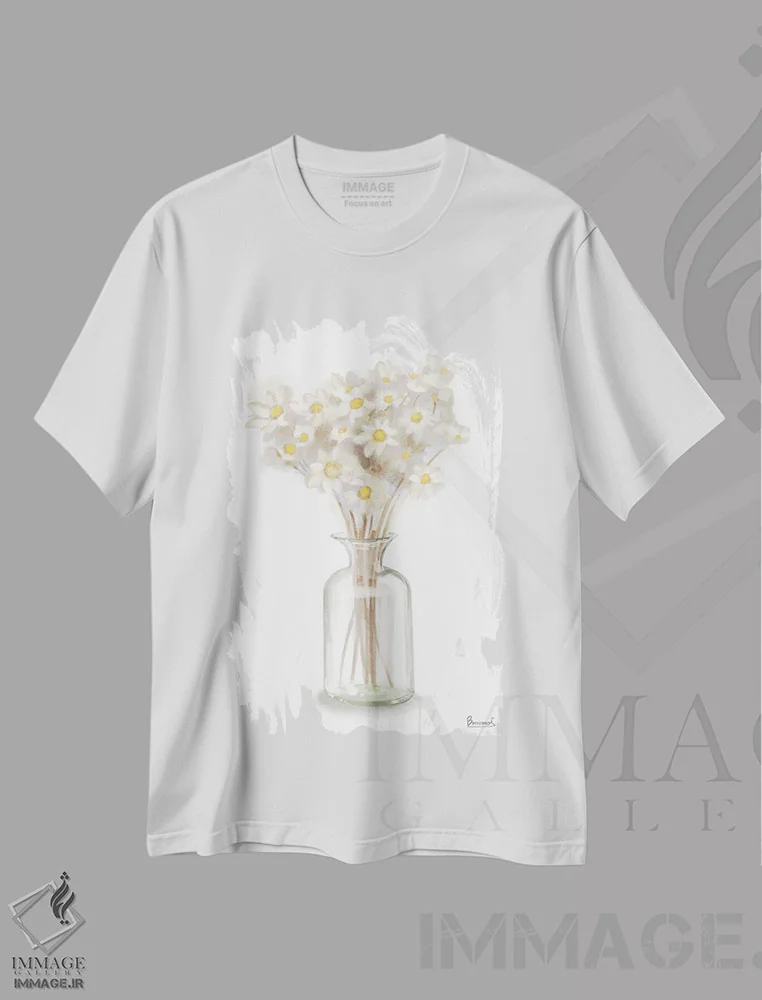تیشرت سفید طرح دار گل زرد خشک شده ۱، تزئینی اثر باناروت | فروشگاه ایماژ