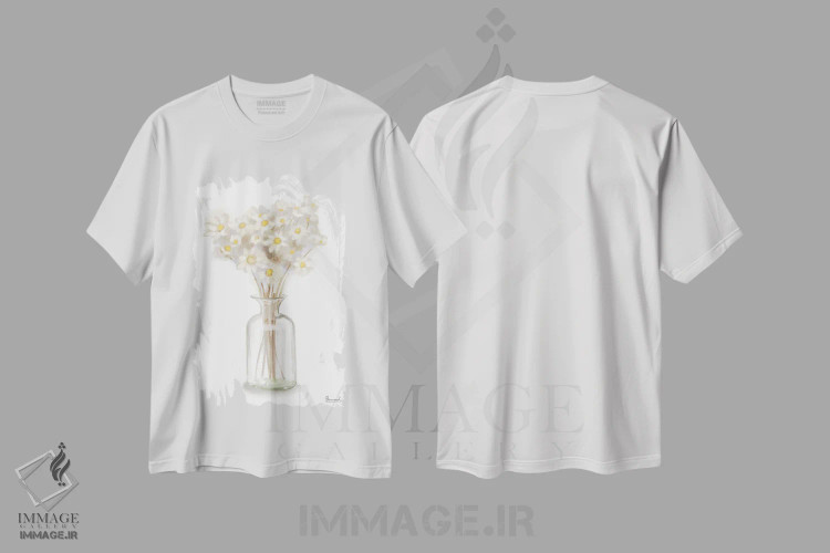 تیشرت سفید طرح دار گل زرد خشک شده ۱، تزئینی اثر باناروت | فروشگاه ایماژ
