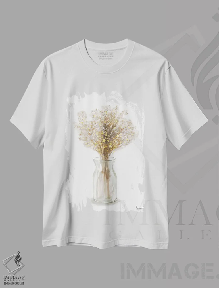 تیشرت سفید طرح دار گل زرد خشک شده ۲، تزئینی اثر باناروت | immage.ir