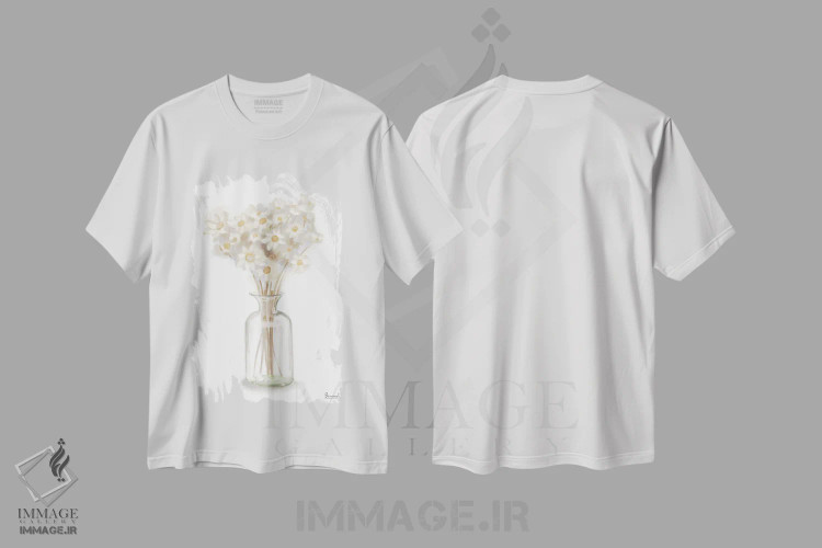 تیشرت سفید طرح دار گل خشک ۱، تزئینی اثر باناروت | فروشگاه ایماژ