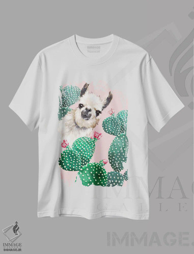 تیشرت سفید طرح دار لاما و کاکتوس، هنر دیجیتال اثر بگ نوز ورک | فروشگاه ایماژ