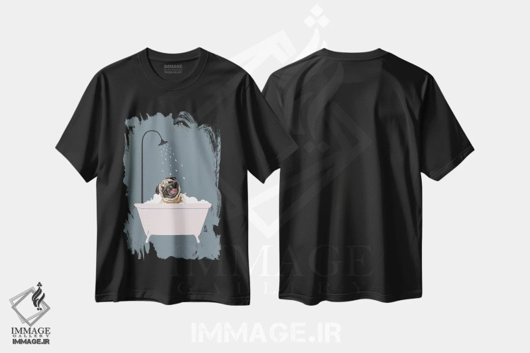 تیشرت مشکی طرح دار پاگ خندان در حال لذت بردن از حمام کف، هنر دیجیتال اثر بگ نوز ورک | فروشگاه ایماژ