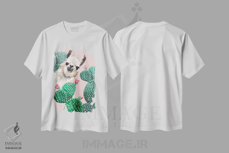تیشرت سفید طرح دار لاما و کاکتوس، هنر دیجیتال اثر بگ نوز ورک | فروشگاه ایماژ