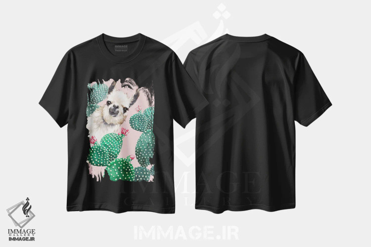 تیشرت مشکی طرح دار لاما و کاکتوس، هنر دیجیتال اثر بگ نوز ورک | immage.ir