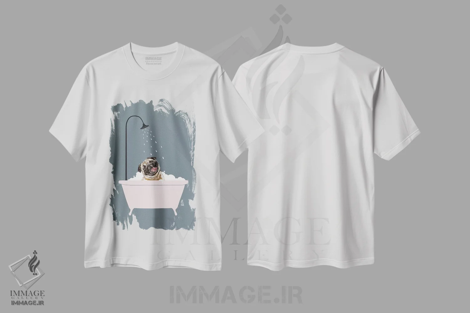 تیشرت سفید طرح دار پاگ خندان در حال لذت بردن از حمام کف، هنر دیجیتال اثر بگ نوز ورک | immage.ir