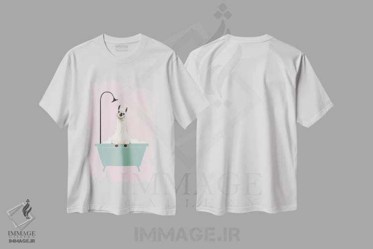 تیشرت سفید طرح دار لاما در حال لذت بردن از حمام کف، هنر دیجیتال اثر بگ نوز ورک | فروشگاه ایماژ