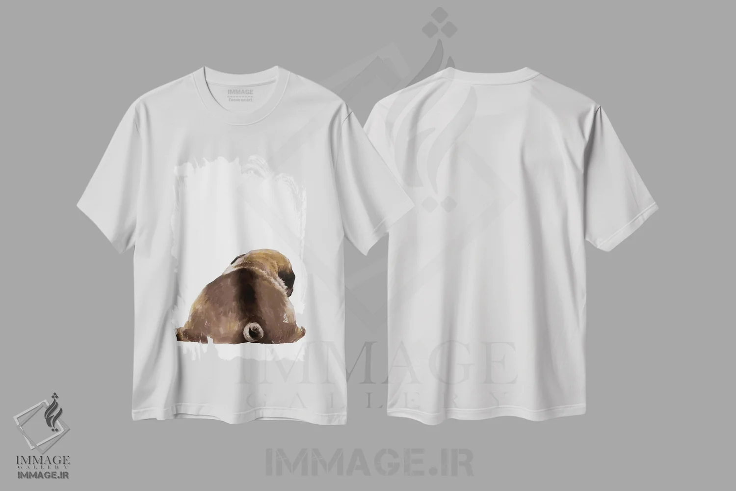 تیشرت سفید طرح دار عقب سگ پاگ، هنر دیجیتال اثر بگ نوز ورک | فروشگاه ایماژ