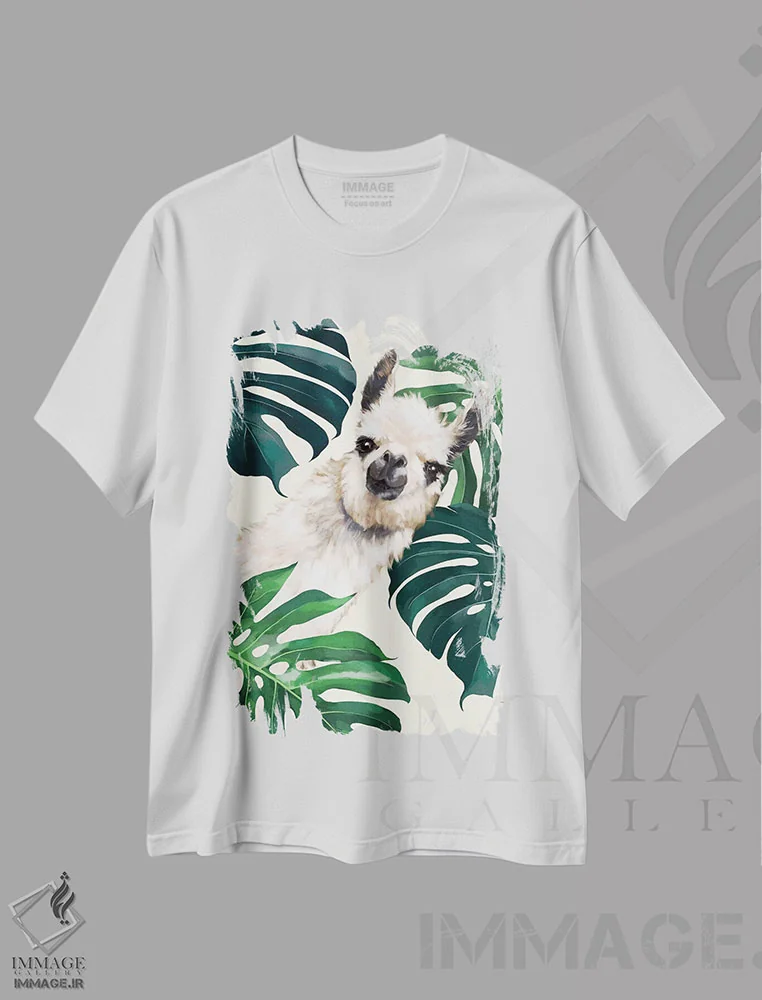 تیشرت سفید طرح دار لامای شیطان با گیاه مانسترا، هنر دیجیتال اثر بگ نوز ورک | فروشگاه ایماژ
