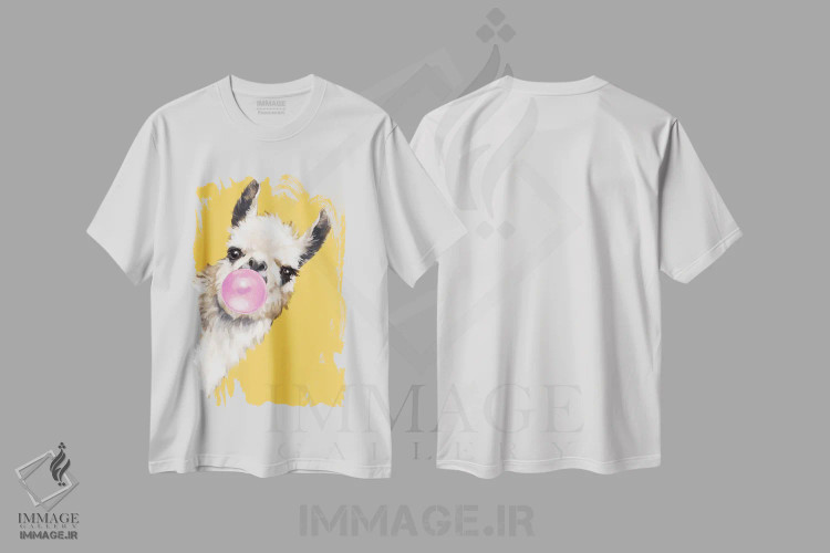 تیشرت سفید طرح دار لامای شیطان با آدامس بادکنکی در رنگ زرد، هنر دیجیتال اثر بگ نوز ورک | immage.ir