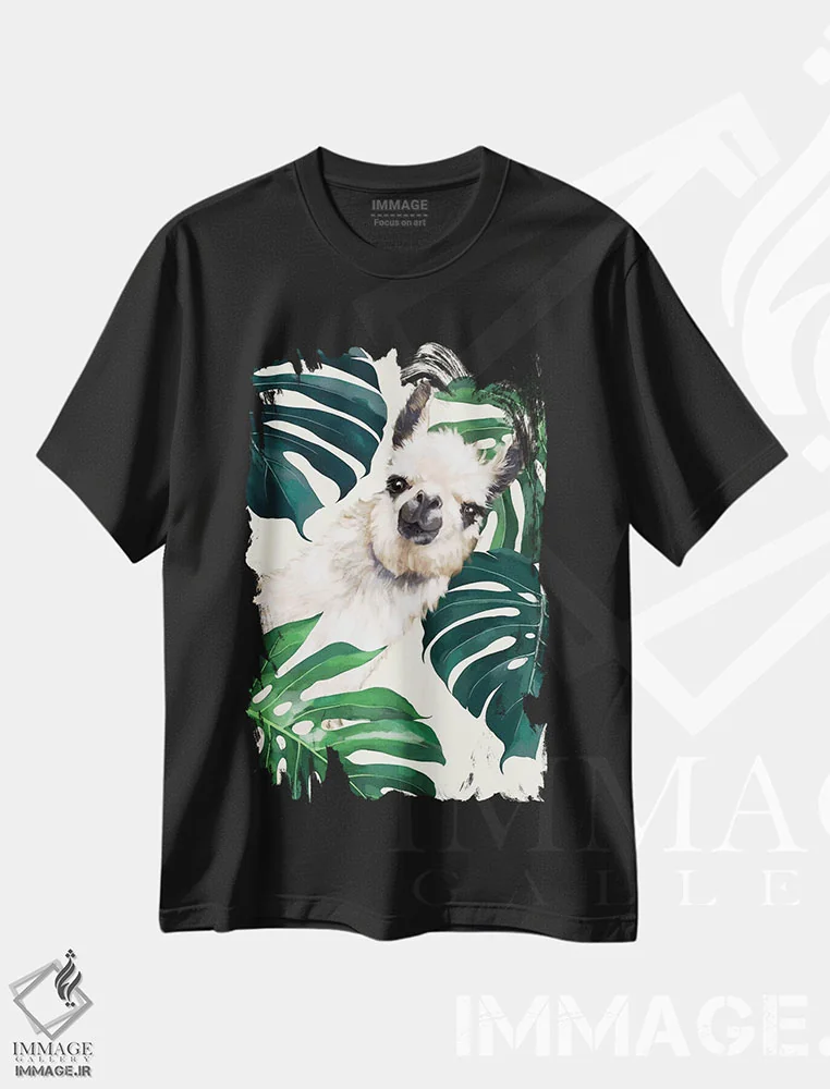 تیشرت مشکی طرح دار لامای شیطان با گیاه مانسترا، هنر دیجیتال اثر بگ نوز ورک | immage.ir