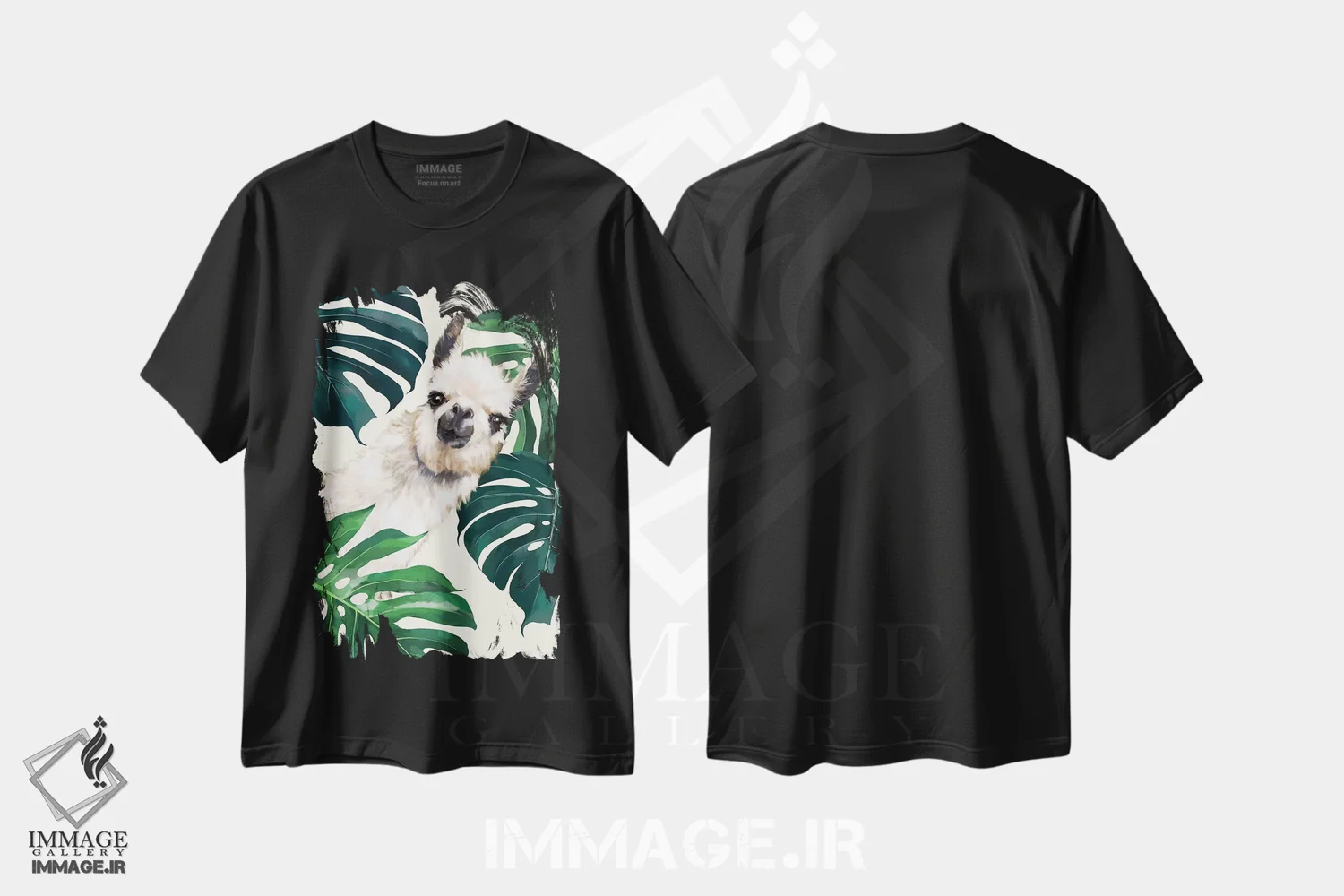 تیشرت مشکی طرح دار لامای شیطان با گیاه مانسترا، هنر دیجیتال اثر بگ نوز ورک | immage.ir