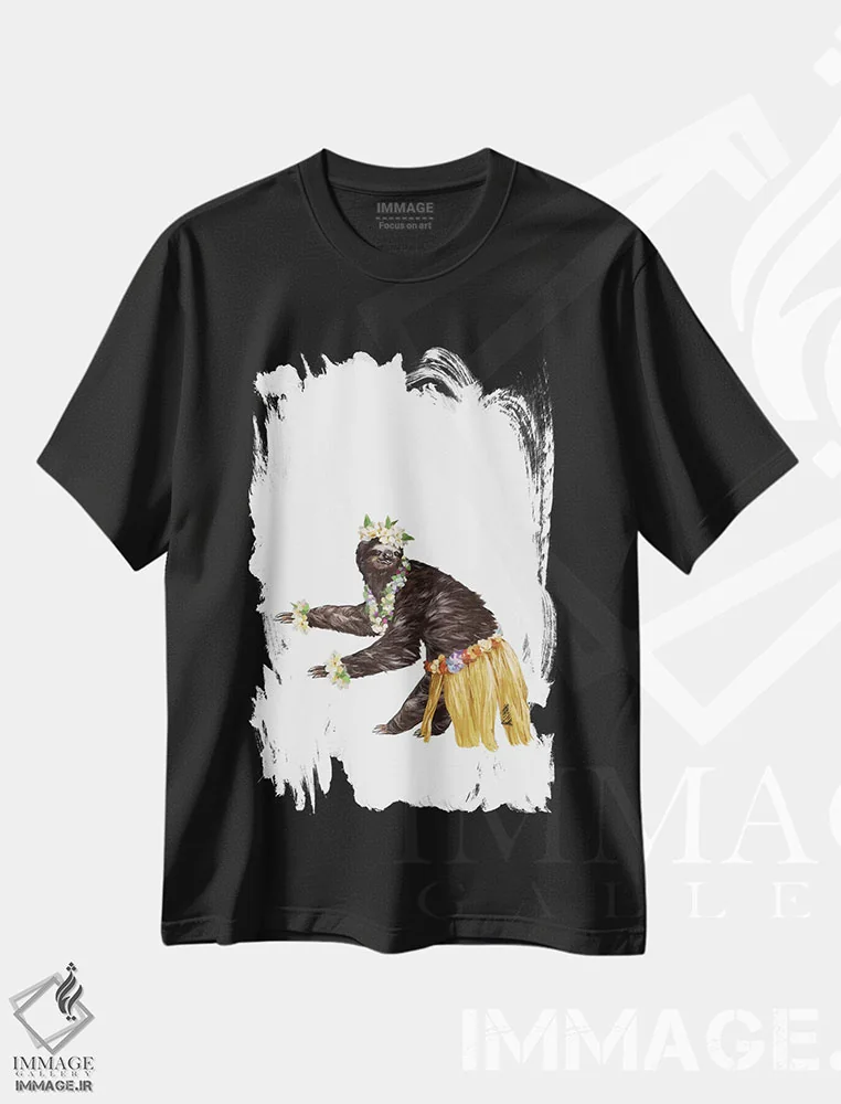تیشرت مشکی طرح دار تنبل رقصندهٔ هاوایی، هنر دیجیتال اثر بگ نوز ورک | فروشگاه ایماژ